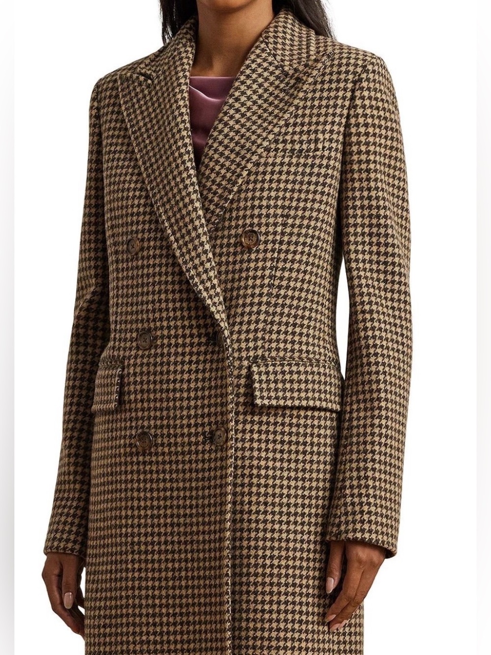 Lauren Ralph Lauren Womens Houndstooth Double-Breasted Long Coat - Brown new